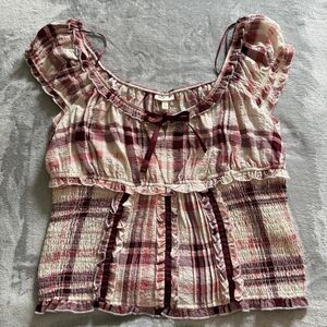 Burgundy & Cream Plaid Ruffled Peplum Blouse